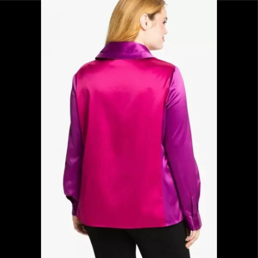NEW T TAHARI Holiday Colorblock Satin Blouse Snap Closure Medium